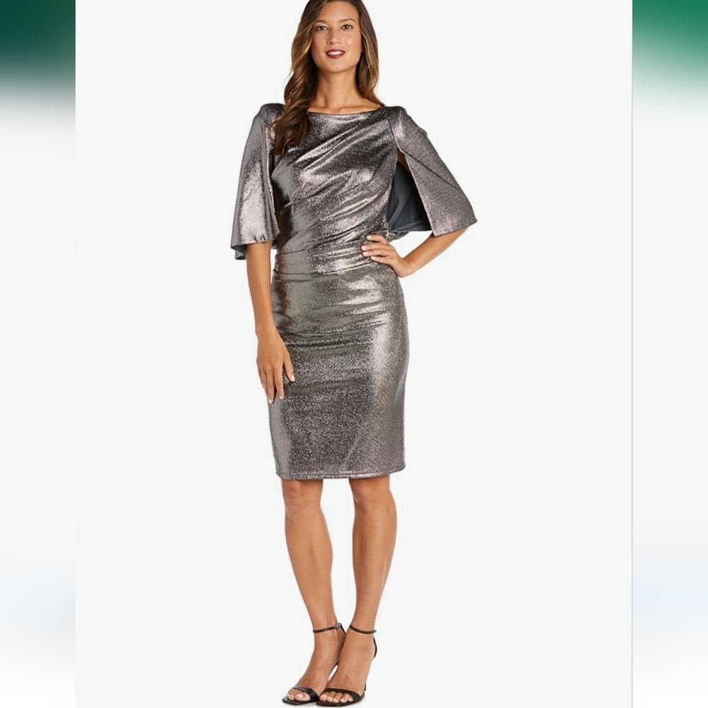 R&M Richards Women's Metallic Bodycon Dress W/Draped Capelet